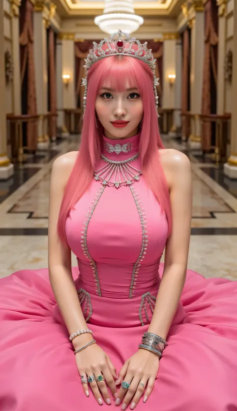 beautiful detailed portrait of a princess sitting in a luxurious dance hall, glamorous ballroom, body facing the camera, full body front POV, wearing a glamorous bright pink dress with turtle neck design, sleeveless, floor-length gown covering the entire b...