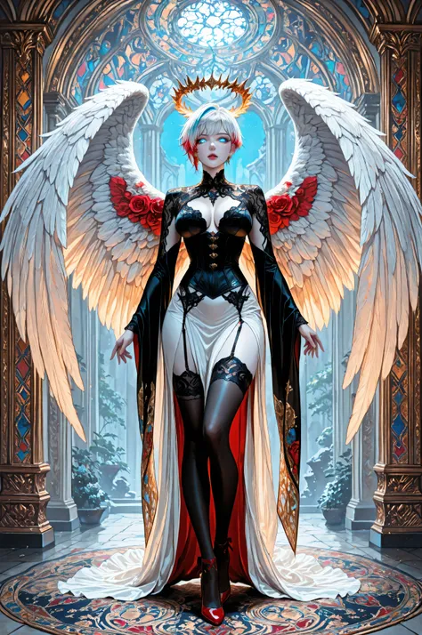 aidmaMJ6.1,a picture of magnificent  female angel, busty, dynamic hair color, pixie cut hair, shining blue eyes, white wings, wearing intricate elegant black leather dress, wearing red high heels, spread angel wings, pale skin, white hair, colorful hair, c...