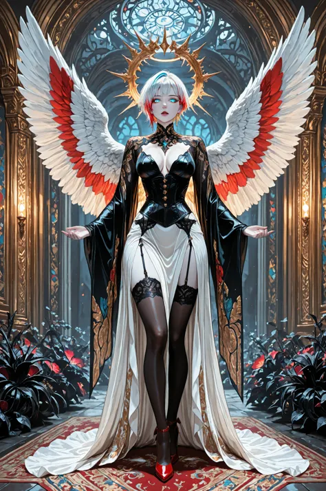 aidmaMJ6.1,a picture of magnificent  female angel, busty, dynamic hair color, pixie cut hair, shining blue eyes, white wings, wearing intricate elegant black leather dress, wearing red high heels, spread angel wings, pale skin, white hair, colorful hair, c...