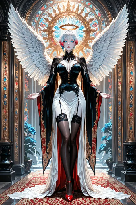 aidmaMJ6.1,a picture of magnificent  female angel, busty, dynamic hair color, pixie cut hair, shining blue eyes, white wings, wearing intricate elegant black leather dress, wearing red high heels, spread angel wings, pale skin, white hair, colorful hair, c...