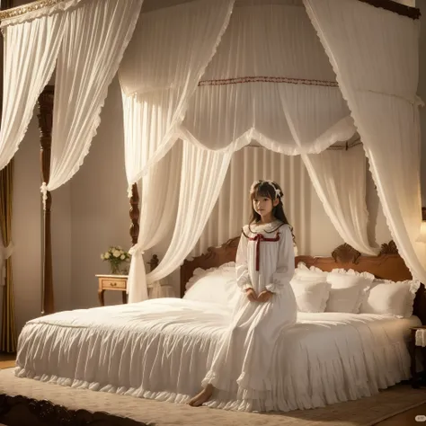 ((Distant view,Full Body,simple background:1.0)), 10 year old girl in nightgown,On a Canopy Bed,Highest Quality, masterpiece, highest resolution, art work, super それにget used to it, many get used to it, get used to it, それにget used to it,