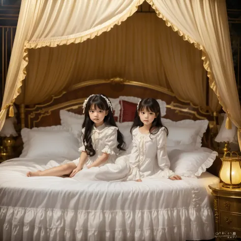 ((Distant view,Full Body,simple background:1.0)), 10 year old girl in nightgown,On a Canopy Bed,Highest Quality, masterpiece, highest resolution, art work, super それにget used to it, many get used to it, get used to it, それにget used to it,