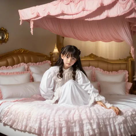 ((Distant view,Full Body,simple background:1.0)), 10 year old girl in nightgown,On a Canopy Bed,Highest Quality, masterpiece, highest resolution, art work, super それにget used to it, many get used to it, get used to it, それにget used to it,