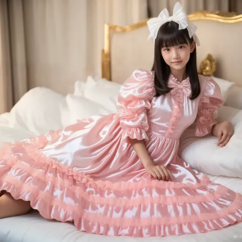 ((Distant view,Full Body,simple background,on the bed:1.0)),Highest Quality, masterpiece, highest resolution, art work, super それにget used to it, many get used to it, get used to it, それにget used to it, 3k photos,,, ((10 Year Old Japanese Girls)),super fine ...