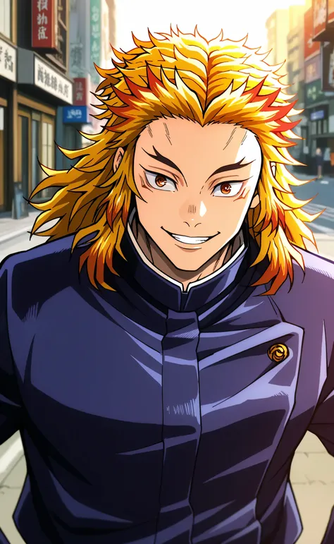1male,solo,Kyojuro Rengoku,medium hair,blond and orange hair,orange eyes,smile,jujutsu high school uniform,street,tokyo,sun rising,japamese,Jujutsu Kaisen Style