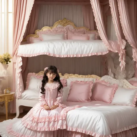((Distant view,Full Body,simple background:1.0)), 10 year old girl in nightgown,On a Canopy Bed,Highest Quality, masterpiece, highest resolution, art work, super それにget used to it, many get used to it, get used to it, それにget used to it,
