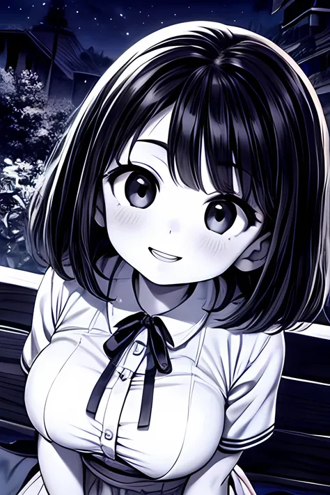 ((( Line art ))),((( monochrome:1.1))),1girl,(((solo))),(((ideal ratio body proportions))),iris , Dark Eyes ,( small eyes ),(Slanted Eyes) ,(open eyes),(((black hair))),( short bob hair ),bangs ,((( smile)) ),((short stature)),((big breasts)),(disproportio...