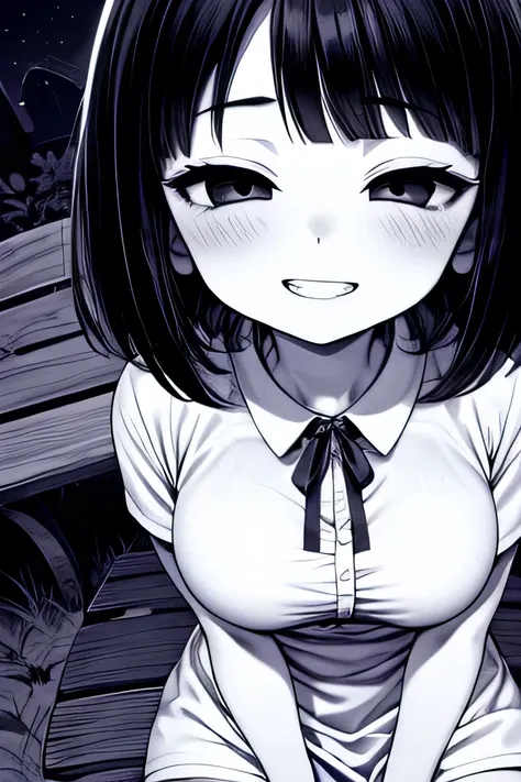 ((( Line art ))),((( monochrome:1.1))),1girl,(((solo))),(((ideal ratio body proportions))),iris , Dark Eyes ,( small eyes ),(Slanted Eyes) ,(((half closed eyes))),(((black hair))),( short bob hair ),bangs ,(((grin)) ),((short stature)),((big breasts)),(dis...