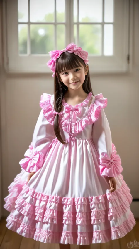 ((Distant view,Full Body,pure white background,standing:1.0)),Highest Quality, masterpiece, highest resolution, art work, super それにget used to it, many get used to it, get used to it, それにget used to it, 3k photos,,, (( 10 year old Japanese girl)),super fin...