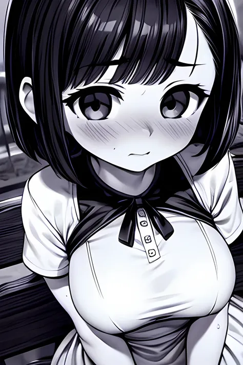 ((( Line art ))),((( monochrome:1.1))),1girl,(((solo))),(((ideal ratio body proportions))),iris , Dark Eyes ,( small eyes ),(Slanted Eyes) ,(half closed eyes),(((black hair))),( short bob hair ),bangs ,((( embarrassed:1.3))),((short stature)),((big breasts...