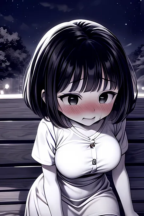 ((( Line art ))),((( monochrome:1.1))),1girl,(((solo))),(((ideal ratio body proportions))),iris , Dark Eyes ,( small eyes ),(Slanted Eyes) ,(half closed eyes),(((black hair))),( short bob hair ),bangs ,((( embarrassed:1.3))),((short stature)),((big breasts...
