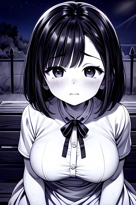 ((( Line art ))),((( monochrome:1.1))),1girl,(((solo))),(((ideal ratio body proportions))),iris , Dark Eyes ,( small eyes ),(Slanted Eyes) ,(half closed eyes),(((black hair))),( short bob hair ),bangs ,(((Sweet sorrow:1.3))),embarrassed ,((short stature)),...