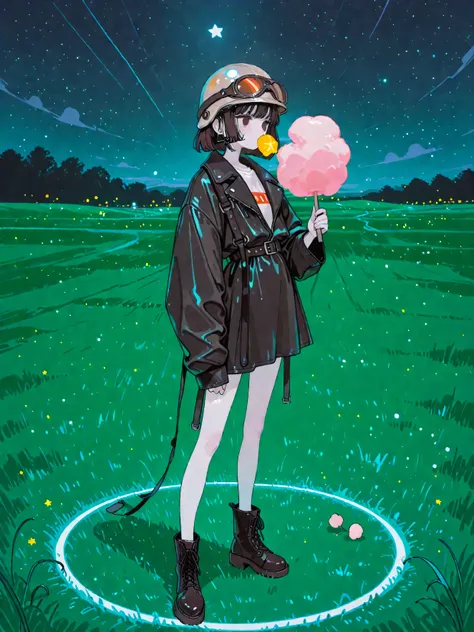 Pale skin girl in a black leather jacket, with straps , hbjnk, long, elegant legs , wear a 1920s-style helmet, bottes noires vernies, est debout sur un cercle d'herbe, hand on the waist, Eat cotton candy. c'est la nuit, clair de lune, stars.