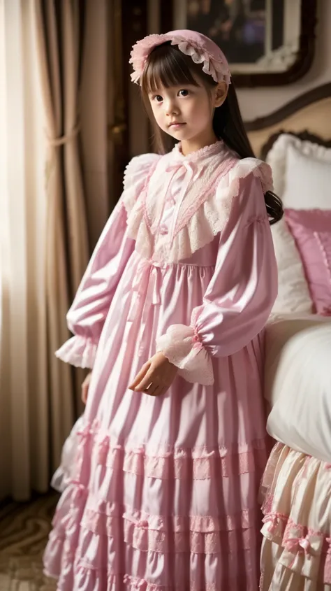 girl in a pink nightgown,long sleeve,Long Skirt,10 years old,Japanese,white background