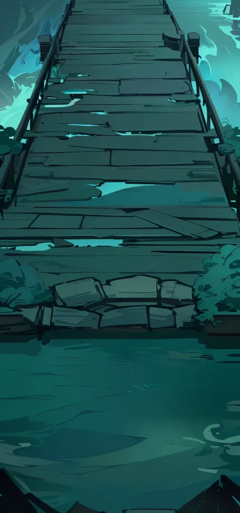 There is a long wooden bridge spanning the water surface, with abandoned Chinese style cartoon buildings in the background, a dark blue and white background, a 2D game cartoon scene style, a dark game background, a wooden plank bridge, an arena background,...