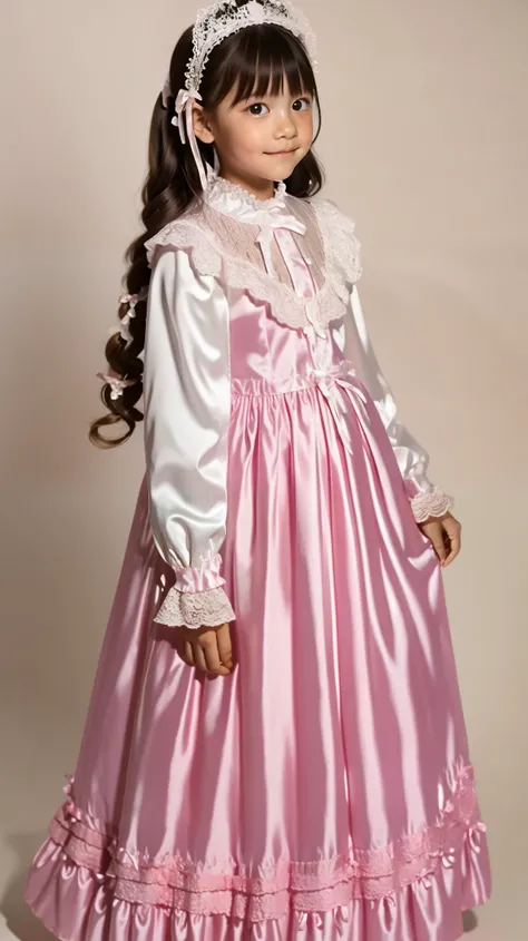 girl in a pink nightgown,long sleeve,Long Skirt,10 years old,Japanese,white background,anatomically correct hand,