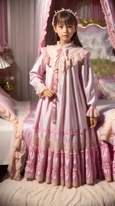 High Quality,Super Detailed,3k photos,get used to it,girl in a pink nightgown,long sleeve,Long Skirt,10 years old,Japanese,white background,anatomically correct hand,