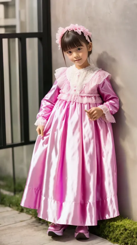 girl in a pink nightgown,long sleeve,Long Skirt,10 years old,Japanese,white background