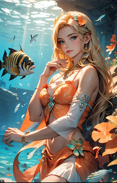 (photo realistic), highly detailed, Award-winning photography, Sharp focus,
A beautiful Scandinavian woman,
extraordinarily beautiful face, blonde, full body shot,
In the depths of the ocean, a majestic ancient temple is surrounded by vivid, colorful cora...