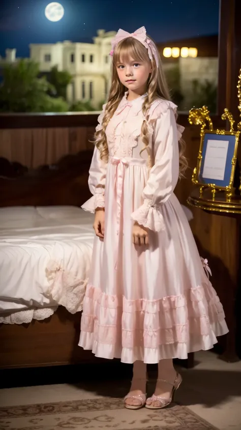 High Quality,Super Detailed,3k photos,get used to it,girl in a pink nightgown,long sleeve,Long Skirt,10 years old,Americans in prostitution,Blonde Long Hair,((,Full Body,Distant view:1.0)),anatomically correct hand,looking at the camera,