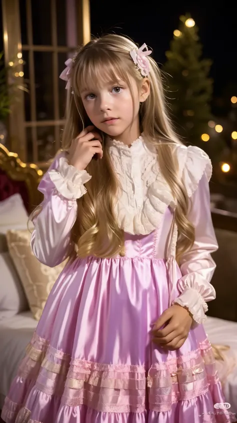 High Quality,Super Detailed,3k photos,get used to it,girl in a pink nightgown,long sleeve,Long Skirt,10 years old,Americans in prostitution,Blonde Long Hair,((,Full Body,Distant view:1.0)),anatomically correct hand,looking at the camera,