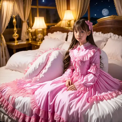 High Quality,Super Detailed,3k photos,get used to it,girl in pink nightgown sits on bed,,long sleeve,Long Skirt,10 years old,Japanese((,Full Body,Distant view:1.0)),anatomically correct hand,looking at the camera,