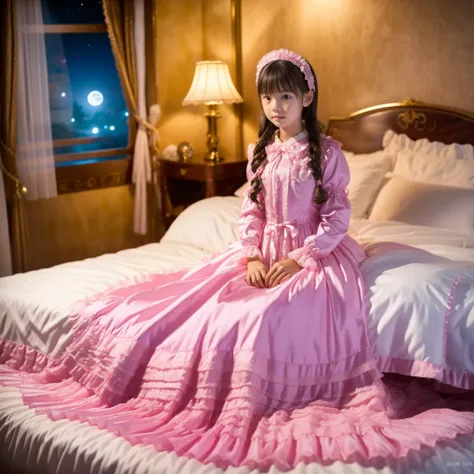 High Quality,Super Detailed,3k photos,get used to it,girl in pink nightgown sits on bed,,long sleeve,Long Skirt,10 years old,Japanese((,Full Body,Distant view:1.0)),anatomically correct hand,looking at the camera,
