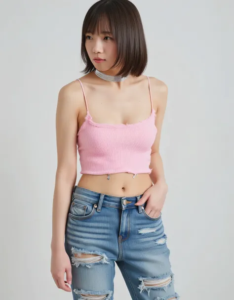 Kyoko Saito,ttop quality, ultra-realistic, single woman, perfect anatomy, perfect fingers, slim body, toned waist, thin thighs, heavily ripped washed denim jeans fastened with safety pins, slim Pink tank top, silver choker necklace, asymmetrical haircut, r...