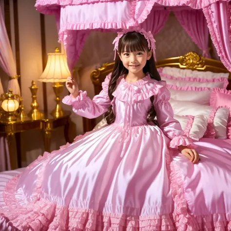 High Quality,Super Detailed,3k photos,get used to it,girl in a pink nightgown,sits on the bed,,long sleeve,Long Skirt,10 years old,Japanese,Smile Yan,((,Full Body,Distant view:1.0)),anatomically correct hands,looking at the camera,gorgeous and adorable pin...