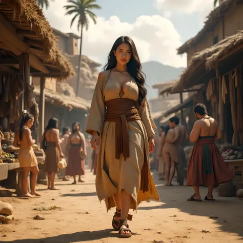 Ancient prehistoric age era, 
Stone age era, 

((Realistic cinematography ultra wide depth intense stunning orderly clay houses angle of scenery)),the detailed of a female peasants walking,wearing sandals, (within densely ultra intricately residents),(preh...