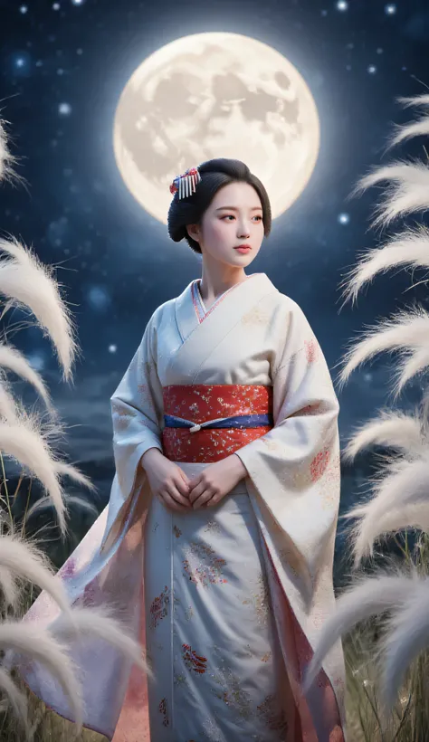 Kimono、Susuki is swaying、Picture,I'm watching the swaying Japanese pampas grass on a real realistic full moon night、Kimonoを纏った女性が、upper body,Smiling expression、 4K quality 、Realistic、Professional、bokeh、Delicate Details、dramatic lighting、natural tones、speci...