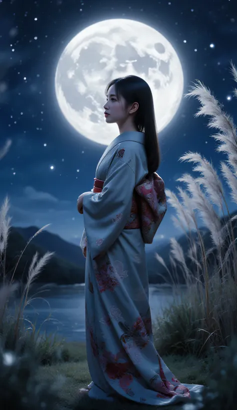  full moon、 full moonを見ている女性、Kimono、Susuki is swaying、Picture,リアルリアルな full moonの夜、Kimonoを纏った女性が、upper body,Elegant posture、Smiling expression、 4K quality 、Realistic、Professional、bokeh、Delicate Details、dramatic lighting、natural tones、specialized artwork,リアル...
