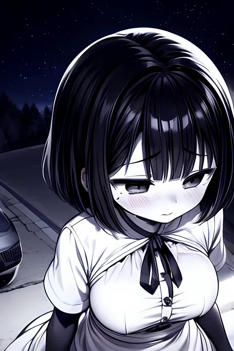 ((( Line art ))),((( monochrome:1.1))),1girl,(((solo))),(((ideal ratio body proportions))),iris , Dark Eyes ,( small eyes ),(Slanted Eyes) ,(half closed eyes),(closed mouth ),(((black hair))),( short bob hair ),bangs ,(((Sweet sorrow:1.3))),embarrassed ,((...