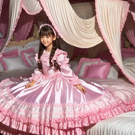 ,((,Full Body,Distant view:1.2)),High Quality,Super Detailed,3k photos,get used to it,girl in a pink nightgown,Sit on the edge of the bed,,long sleeve,Long Skirt,10 years old,Japanese,Smile Yan,anatomically correct hands,looking at the camera,gorgeous and ...