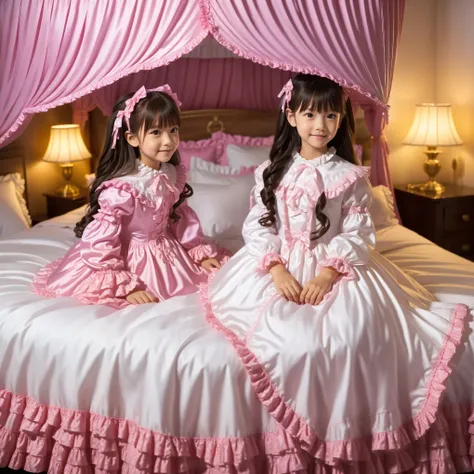 ,((,Full Body,Distant view:1.2)),High Quality,Super Detailed,3k photos,get used to it,girl in a pink nightgown,Sit on the edge of the bed,,long sleeve,Long Skirt,10 years old,Japanese,Smile Yan,anatomically correct hand,looking at the camera,gorgeous and a...
