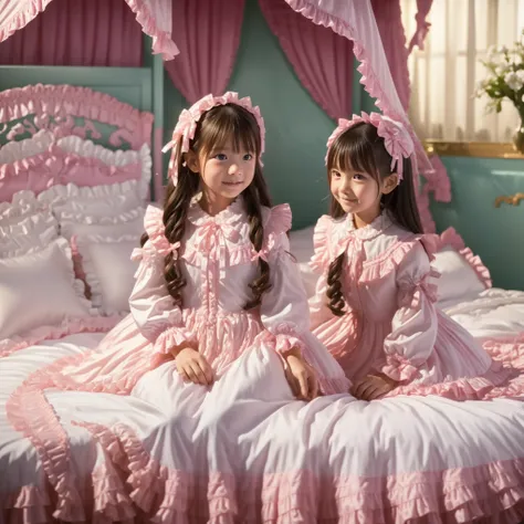 ,((,Full Body,Distant view:1.2)),High Quality,Super Detailed,3k photos,get used to it,girl in a pink nightgown,Sit on the edge of the bed,,long sleeve,Long Skirt,10 years old,Japanese,Smile Yan,anatomically correct hands,looking at the camera,gorgeous and ...