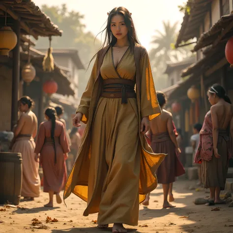 Ancient prehistoric age era, 
Stone age era, 

((Realistic cinematography ultra wide depth intense stunning orderly clay houses angle of scenery)),the detailed of a female peasants walking, (within densely ultra intricately residents),(prehistoric city),((...