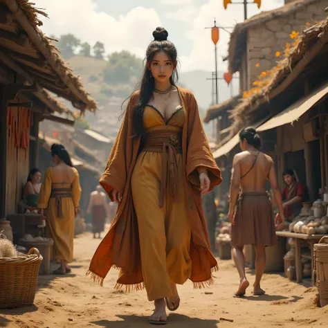 Ancient prehistoric age era, 
Stone age era, 

((Realistic cinematography ultra wide depth intense stunning orderly clay houses angle of scenery)),the detailed of a female peasants walking, (within densely ultra intricately residents),(prehistoric city),((...