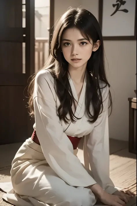 kimono girl, photo, realism, realistic portrait, detailed facial features, long black hair, serene expression, traditional japanese kimono dress, sitting on wooden floor, sunlight streaming through shoji screens, delicate cherry blossom petals, ornate gold...