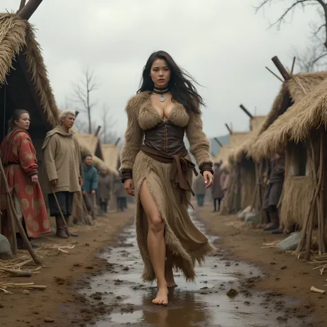Ancient prehistoric age era, 
Stone age era, 

((Realistic cinematography ultra wide depth intense stunning orderly hut tents angle of scenery)),muddy,the detailed of a female hunter walking,bare feet,,(within densely ultra intricately straw tents),(nomads...