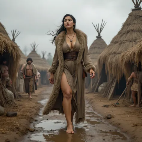 Ancient prehistoric age era, 
Stone age era, 

((Realistic cinematography ultra wide depth intense stunning orderly hut tents angle of scenery)),muddy,the detailed of a female hunter walking,bare feet,,(within densely ultra intricately straw tents),(nomads...