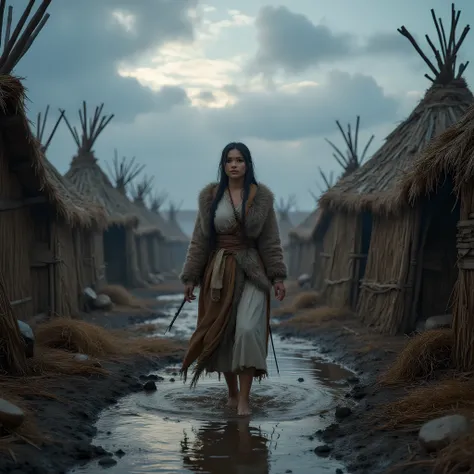 Ancient prehistoric age era, 
Stone age era, 

((Realistic cinematography ultra wide depth intense stunning orderly hut tents angle of scenery)),muddy,the detailed of a female hunter walking,bare feet,,(within densely ultra intricately straw tents),(nomads...