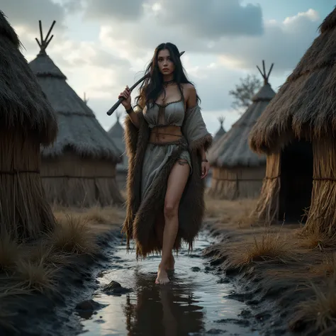 Ancient prehistoric age era, 
Stone age era, 

((Realistic cinematography ultra wide depth intense stunning orderly hut tents angle of scenery)),muddy,the detailed of a female hunter walking,bare feet,,(within densely ultra intricately straw tents),(nomads...