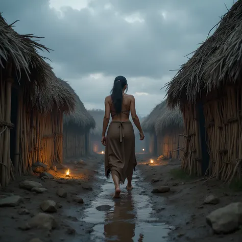 Ancient prehistoric age era, 
Stone age era, 

((Realistic cinematography ultra wide depth intense stunning orderly hut tents angle of scenery)),muddy,the detailed of a female hunter walking,bare feet,,(within densely ultra intricately straw tents),(nomads...