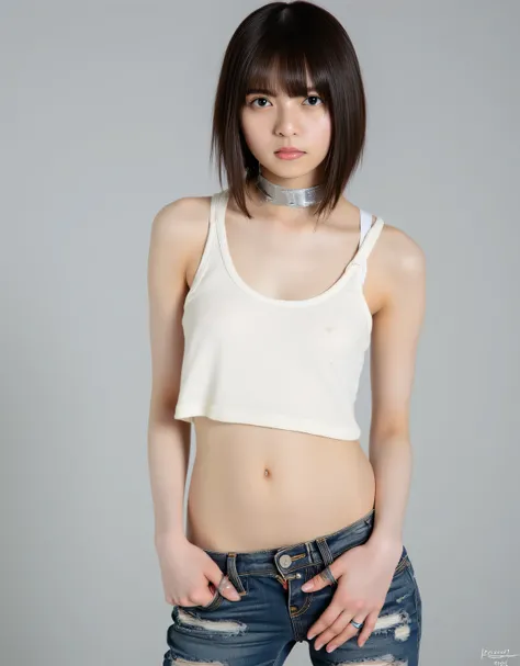 Saito Asuka, top quality, ultra-realistic, single woman, perfect anatomy, perfect fingers, slim body, toned waist, thin thighs, heavily ripped washed denim jeans fastened with safety pins, slim Ivory White tank top, silver choker necklace, asymmetrical hai...