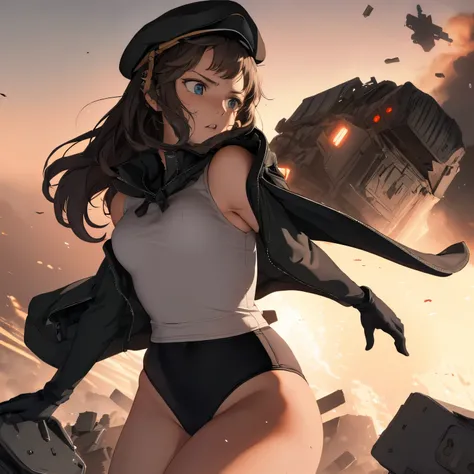 masterpiece , best quality, highres ,1girl,black long hair ,Angry  face , beret, blue eyes, black gymnastics bloomers,high leg,self wedgie , flat chest , sleeveless,Victorian blouse,  gloves, ultra detailed , Standing, (masterpiece, best quality, anime sty...