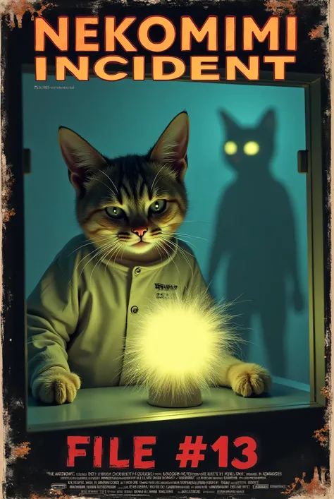 "Parody of a found-footage horror poster, titled 'NEKOMIMI INCIDENT: FILE #13'. A serious-looking cat scientist in a hazmat suit with oversized cat ears inspects a glowing alien hairball inside a sealed chamber. Behind glass, a blurry, multi-tailed cat ent...