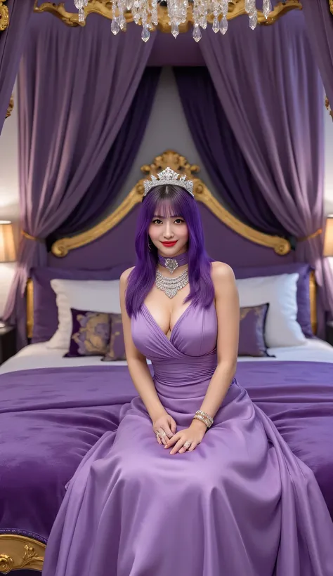 Exquisite princess, sitting gracefully on a plush velvet bed in a glamorous purple bedroom, facing camera directly with front body POV, wearing an elegant European-style gown - turtle neck design, sleeveless, floor-length purple-pink fabric flowing gently,...
