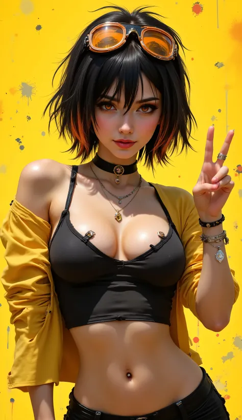 Промт: A confident young woman with short, messy black hair with vibrant orange tips. She has striking orange eyes and a playful smirk. She is wearing a ripped black tank top that reveals a part of her chest, a yellow jacket, and black bottoms. On her head...