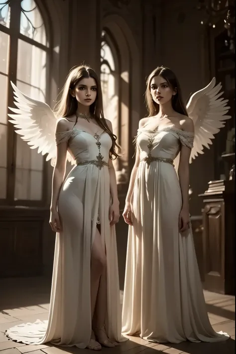 angels wearing long dress higg cut and stockings, highly detailed, photorealistic, HDR, dramatic lighting, ethereal atmosphere, angelic poses, heavenly background, glowing aura, intricate fabric textures, delicate facial features, flowing hair, dramatic sh...